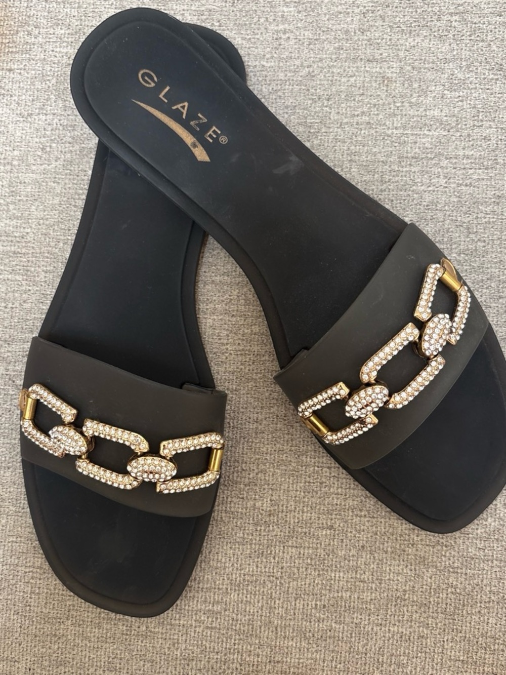 Glaze Black Slide Sandals with Gold Crystal Chain Accent